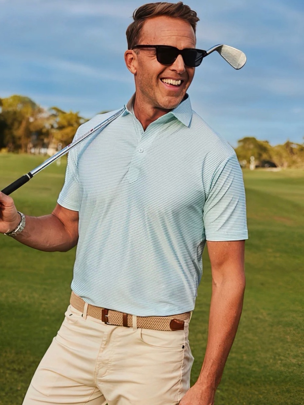 Collars & Co Green Stripe Featherweight Flex Polo Men’s Size Large NEW